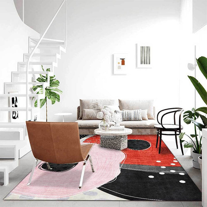 Lisslune | Novelty Living Room Carpet in Red and Black Color Block Dots Line Print Carpet Polyester Washable Stain Resistant Area Rug