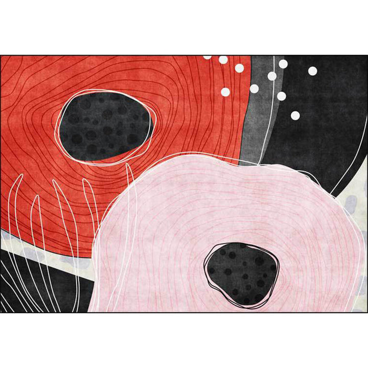 Lisslune | Novelty Living Room Carpet in Red and Black Color Block Dots Line Print Carpet Polyester Washable Stain Resistant Area Rug