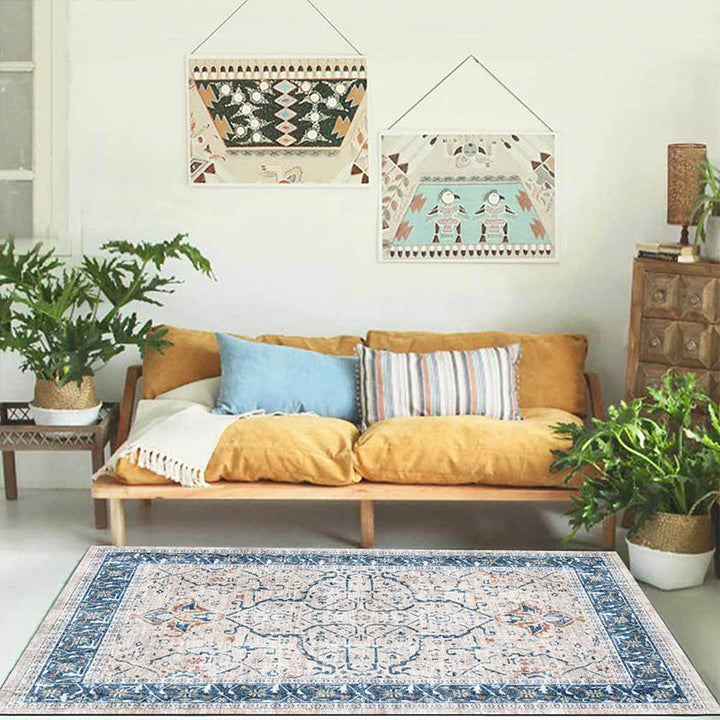 Lisslune | Traditional medallion pattern rug blue and gray tribal rug polyester washable non-slip bottom area rug for bedroom