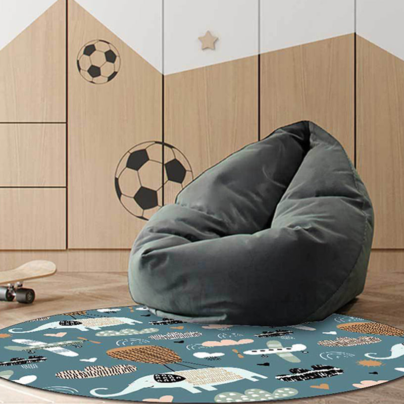Lisslune | Kids Room Rug in Teal Animal Elephant Airplane Heart Print Rug Polyester Stain Resistant Rug
