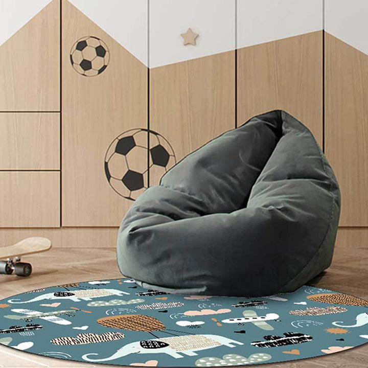 Lisslune | Kids Room Rug in Teal Animal Elephant Airplane Heart Print Rug Polyester Stain Resistant Rug