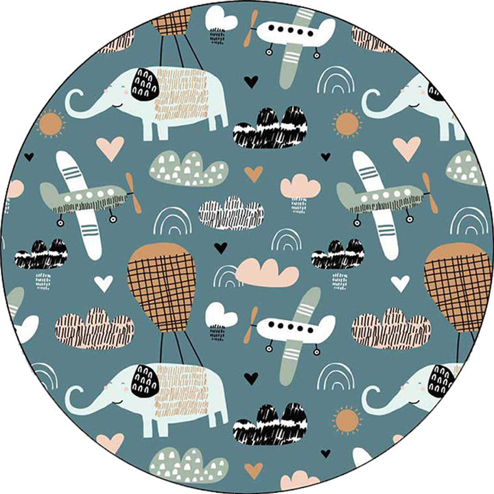 Lisslune | Kids Room Rug in Teal Animal Elephant Airplane Heart Print Rug Polyester Stain Resistant Rug
