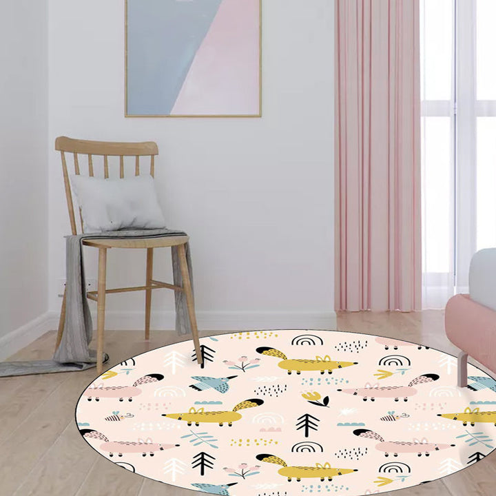Lisslune | Kids Bedroom Carpet in White Animal Mouse Bird Tree Print Carpet Polyester Washable Stain Resistant Area Rug