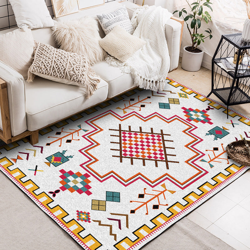 Lisslune | Southwest Living Room Rug in Ivory Tribal Diamond Check Print Rug Polyester Non-Slip Back Rug