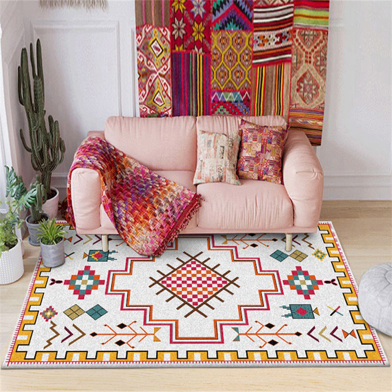 Lisslune | Southwest Living Room Rug in Ivory Tribal Diamond Check Print Rug Polyester Non-Slip Back Rug