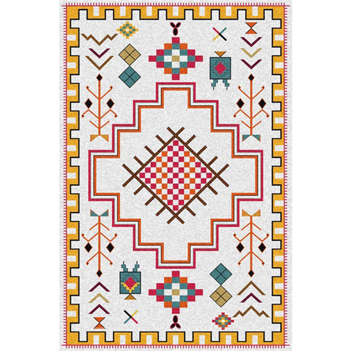 Lisslune | Southwest Living Room Rug in Ivory Tribal Diamond Check Print Rug Polyester Non-Slip Back Rug