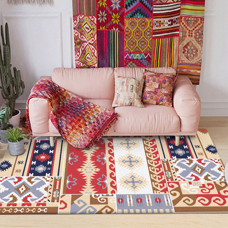 Lisslune | Americana Southwestern Rug in Red and Brown Tribal Geometry Pattern Rug Polyester Washable Rug for Home Decor