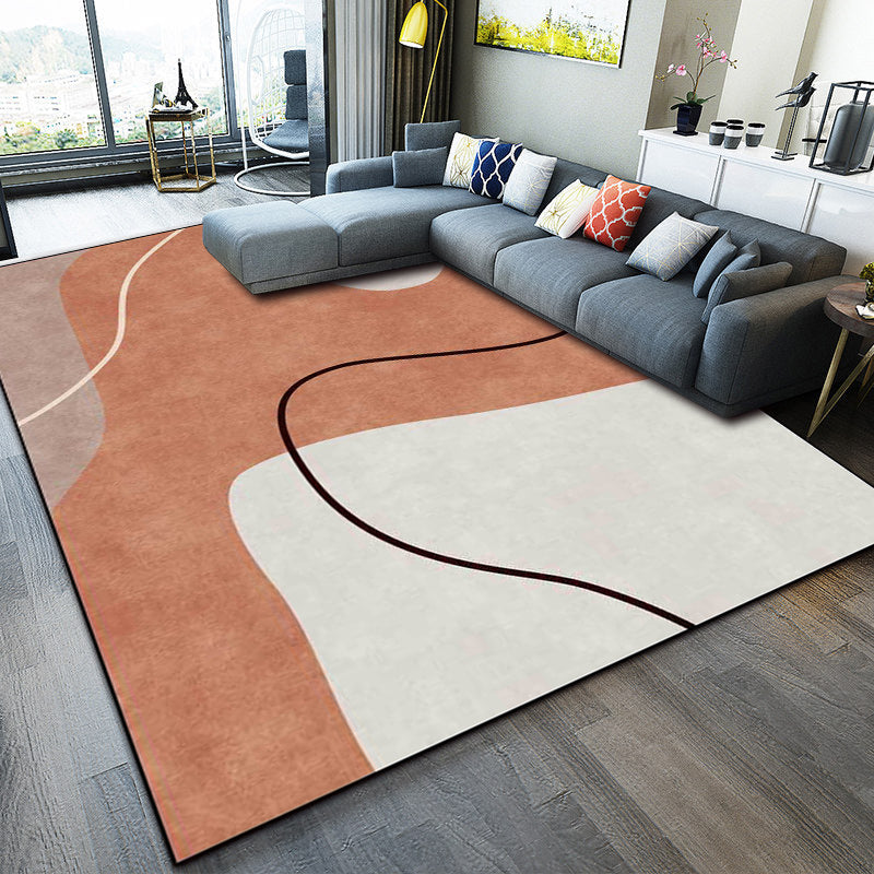 Lisslune | Orange Bedroom Rug Novelty Color Block Irregular Shape Line Pattern Rug Polyester Stain Resistant Rug