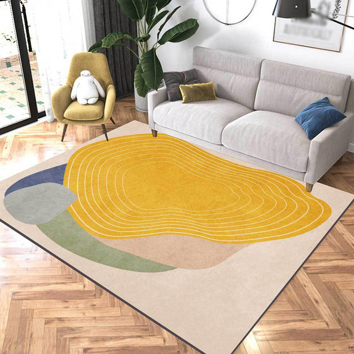 Lisslune | Novelty Living Room Rug Ivory and Yellow Color Block Stripe Print Rug Polyester Anti-Slip Area Rug