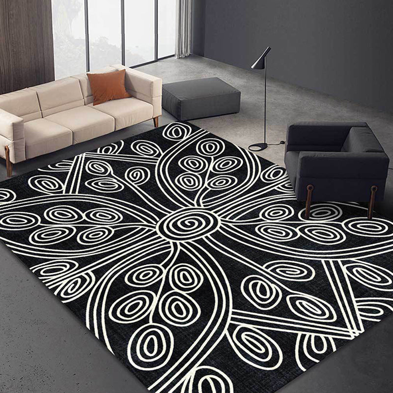Lisslune | Novelty Living Room Rug in Black Geometric Line Pattern Rug Polyester Washable Non-Slip Back Rug