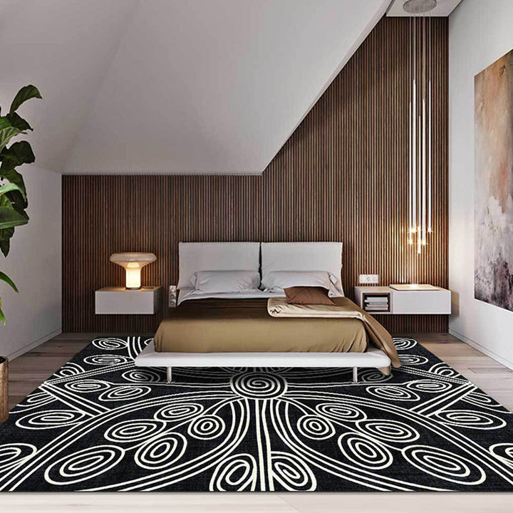 Lisslune | Novelty Living Room Rug in Black Geometric Line Pattern Rug Polyester Washable Non-Slip Back Rug