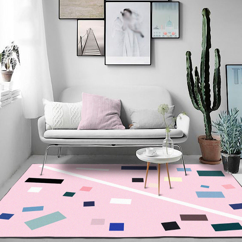 Lisslune | Nordic Novelty Rug in Pink Geometric Rectangular Pattern Rug Polyester Non-Slip Back Rug for Home Decor