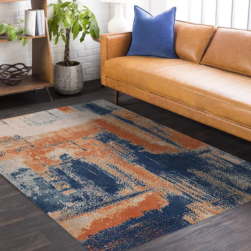 Lisslune | Industry Abstract Carpet Orange and Blue Polyester Rug Machine Washable Non-Slip Area Rug for Bedroom