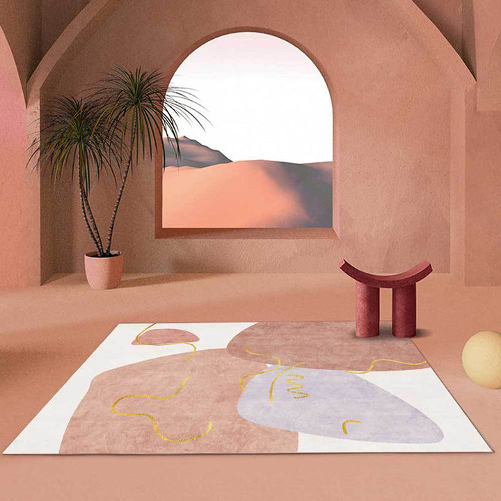Lisslune | Scandinavian Novelty Carpet in White and Pink Irregular Shape Pattern Carpet Polyester Non-slip Area Rug for Home Decoration