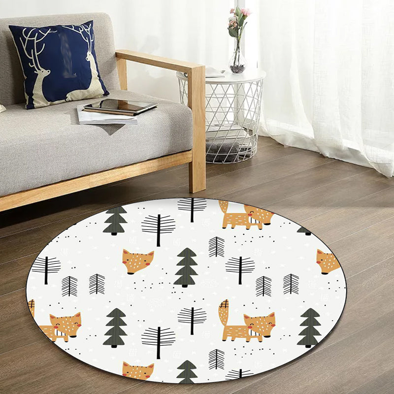 Lisslune | White Children's Room Carpet Kids Animal Fox Tree Pattern Area Rug Polyester Stain Resistant Rug