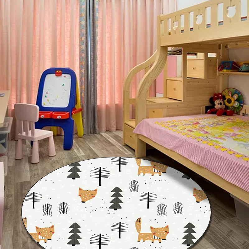 Lisslune | White Children's Room Carpet Kids Animal Fox Tree Pattern Area Rug Polyester Stain Resistant Rug