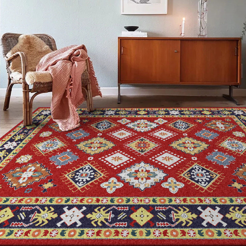 Lisslune | Southwest Living Room Rug in Red Diamond Print Rug Polyester Non-Slip Pet-Friendly Room Rug