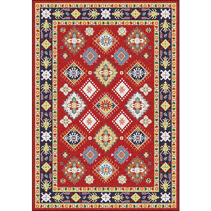 Lisslune | Southwest Living Room Rug in Red Diamond Print Rug Polyester Non-Slip Pet-Friendly Room Rug