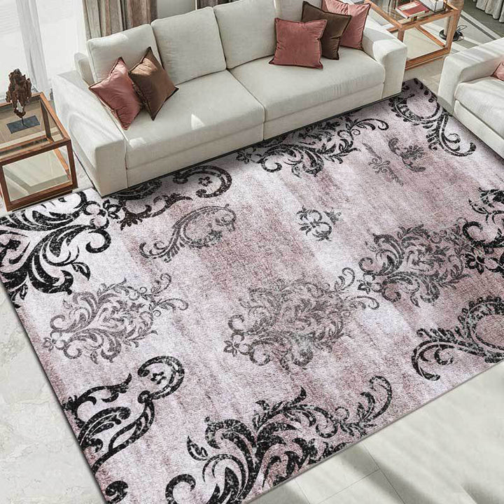 Lisslune | Black and pink retro carpet Polyester paisley pattern carpet machine washable non-slip backing carpet for the living room