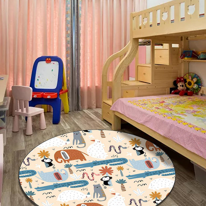 Lisslune | Ivory Kids Room Rug Kids Animal Elephant Monkey Crocodile Pattern Rug Polyester Pet-Friendly Rug