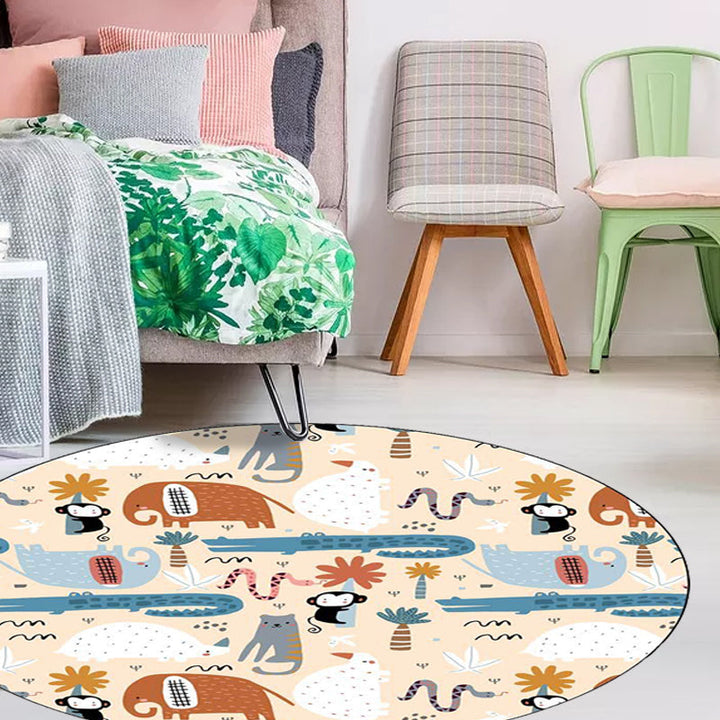 Lisslune | Ivory Kids Room Rug Kids Animal Elephant Monkey Crocodile Pattern Rug Polyester Pet-Friendly Rug