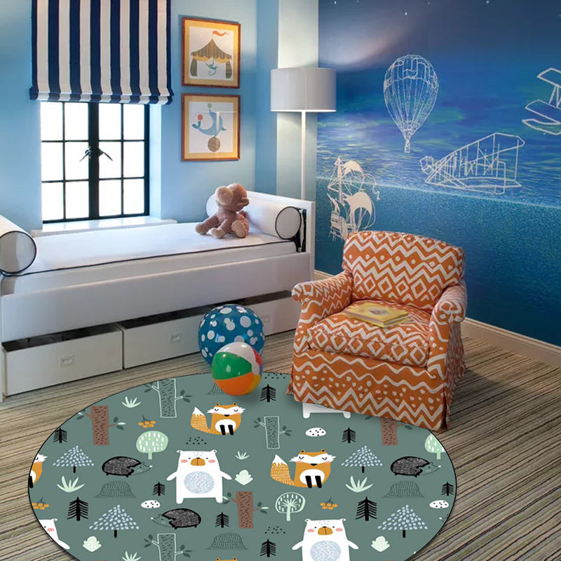 Lisslune | Kids Bedroom Rug in green animal fox bear tree print rug polyester pet-friendly area rug