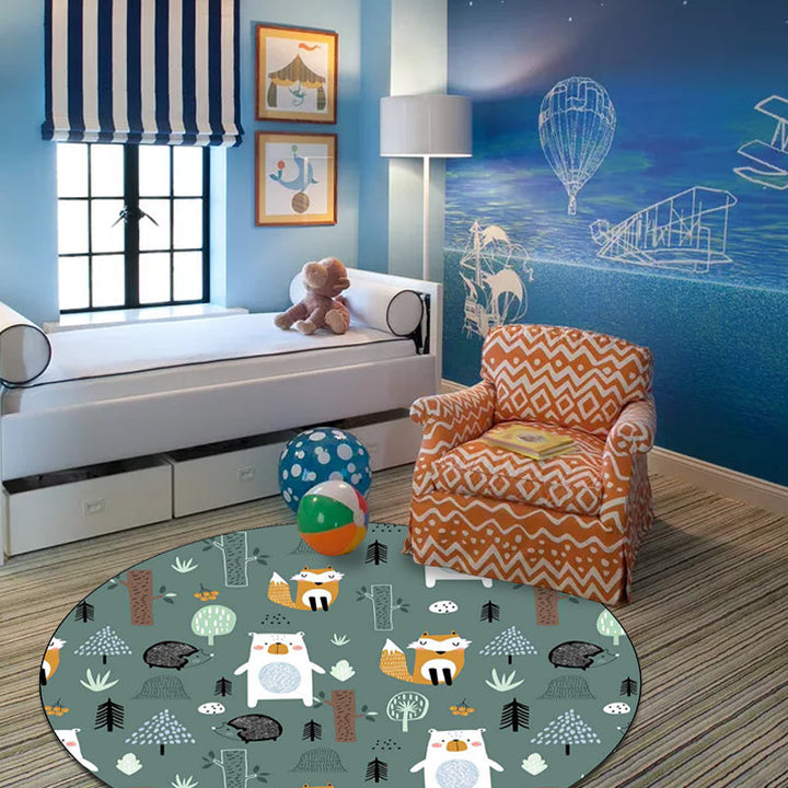 Lisslune | Kids Bedroom Rug in green animal fox bear tree print rug polyester pet-friendly area rug