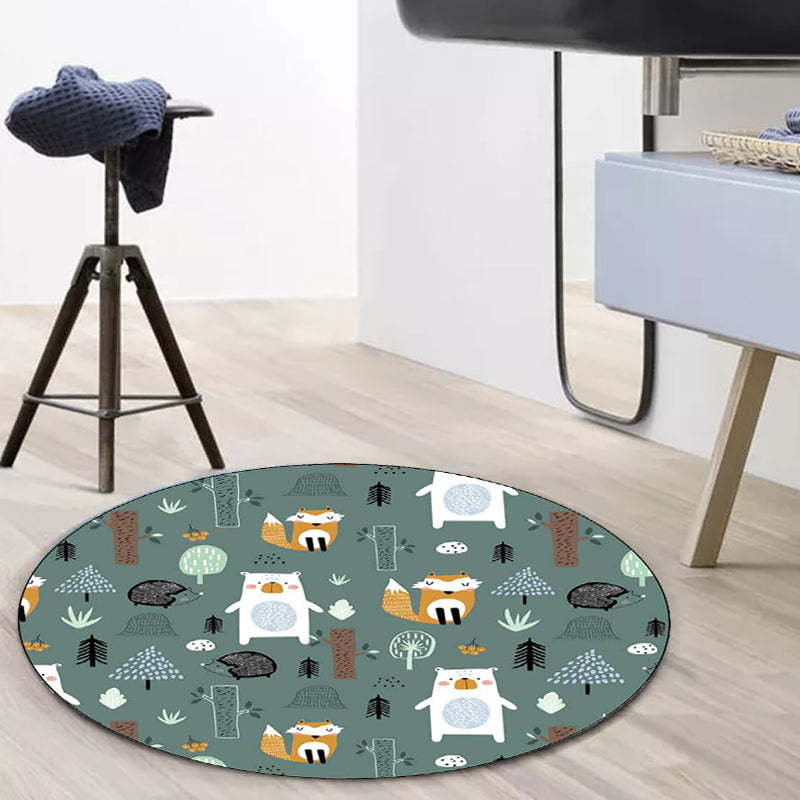 Lisslune | Kids Bedroom Rug in green animal fox bear tree print rug polyester pet-friendly area rug