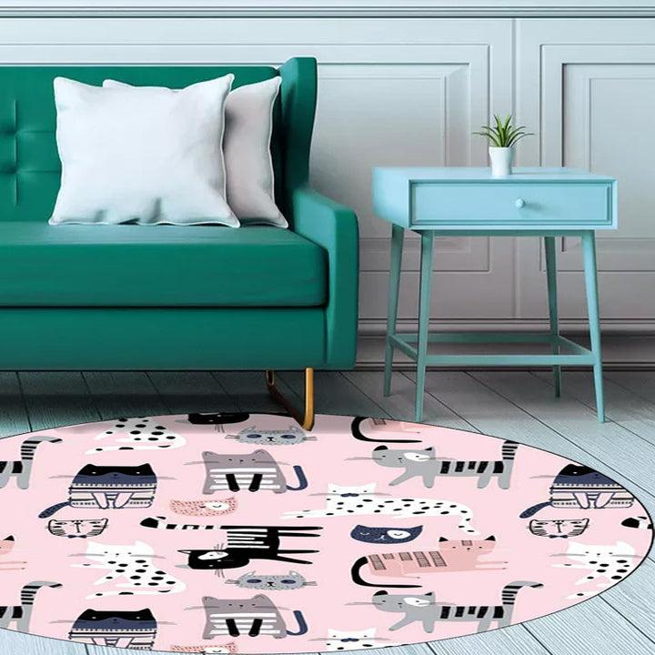 Lisslune | Pink Children's Room Carpet Children Animal Cat Pattern Rug Polyester Non-Slip Washable Carpet