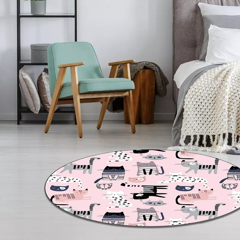 Lisslune | Pink Children's Room Carpet Children Animal Cat Pattern Rug Polyester Non-Slip Washable Carpet
