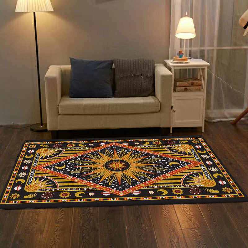 Lisslune | Tribal Southwestern rug in black and yellow sun moon diamond pattern rug polyester washable rug for home decor