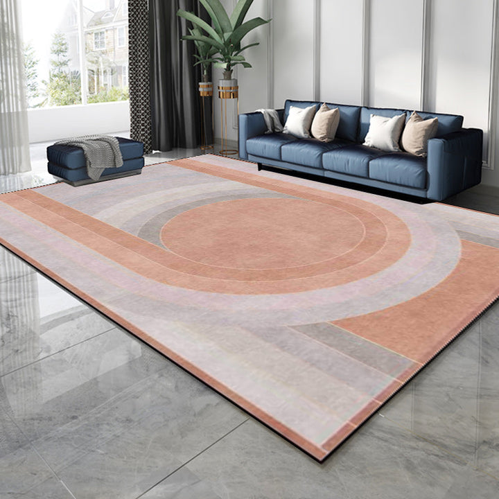 Lisslune | Pink Bedroom Rug Novelty Color Block Arc Circle Pattern Area Rug Polyester Non-Slip Back Stain Resistant Rug
