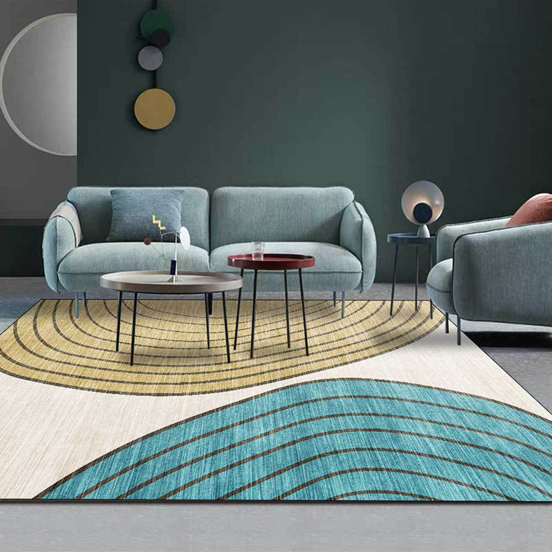 Lisslune | Novelty Living Room Carpet in Ivory and Yellow Color Block Stripe Print Carpet Polyester Non-Slip Bedroom Rug