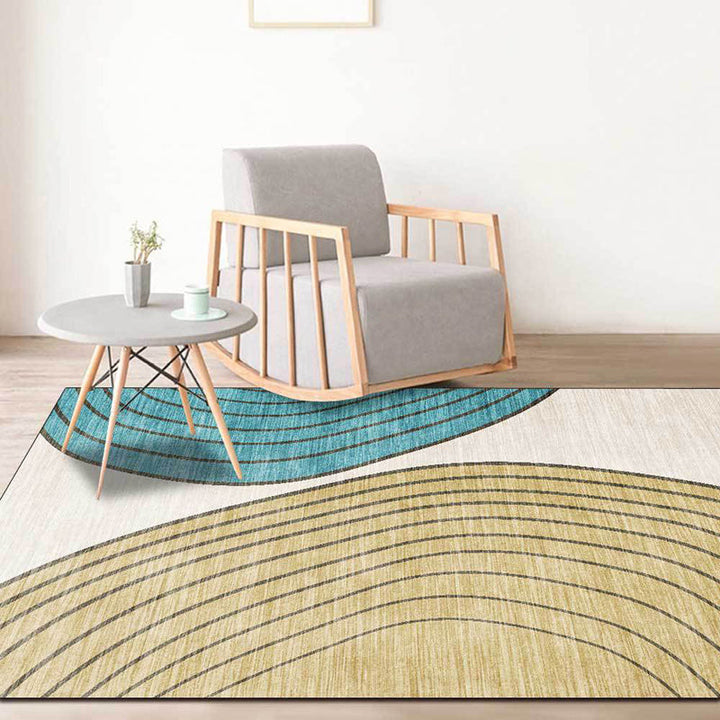 Lisslune | Novelty Living Room Carpet in Ivory and Yellow Color Block Stripe Print Carpet Polyester Non-Slip Bedroom Rug