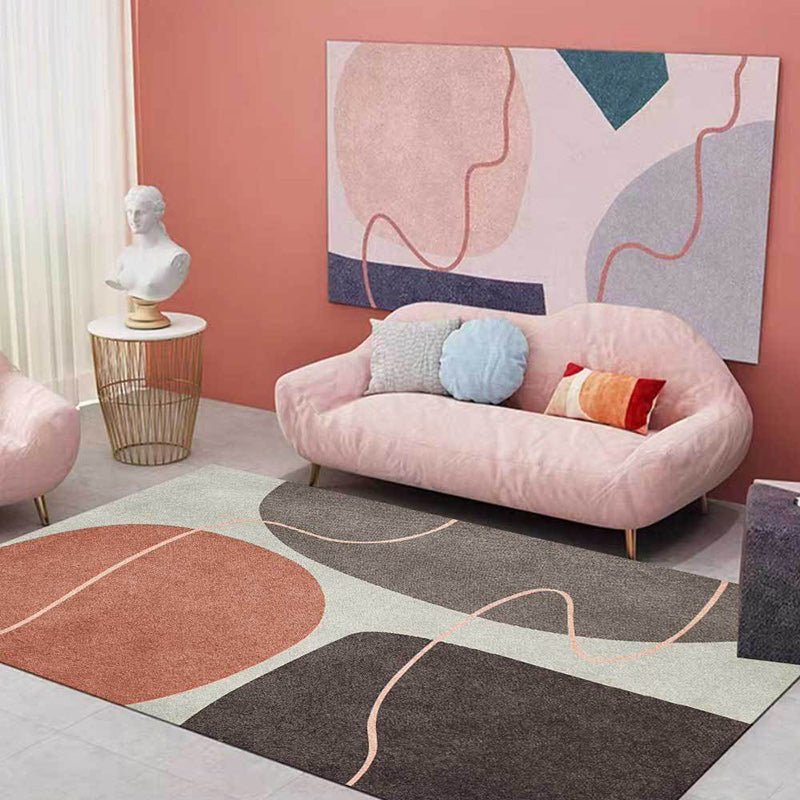 Lisslune | Novelty Living Room Carpet in Brown Color Block Line Print Carpet Polyester Washable Non-Slip Back Floor Mat