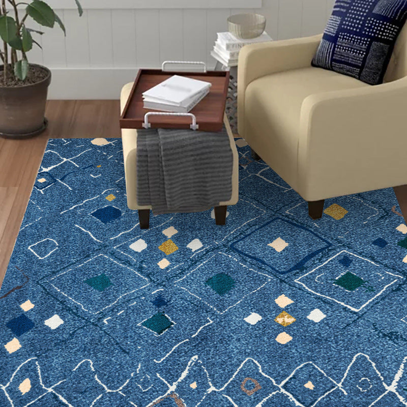 Lisslune | Novelty living room carpet in blue geometric diamond print carpet polyester washable stain resistant  
Washable carpet