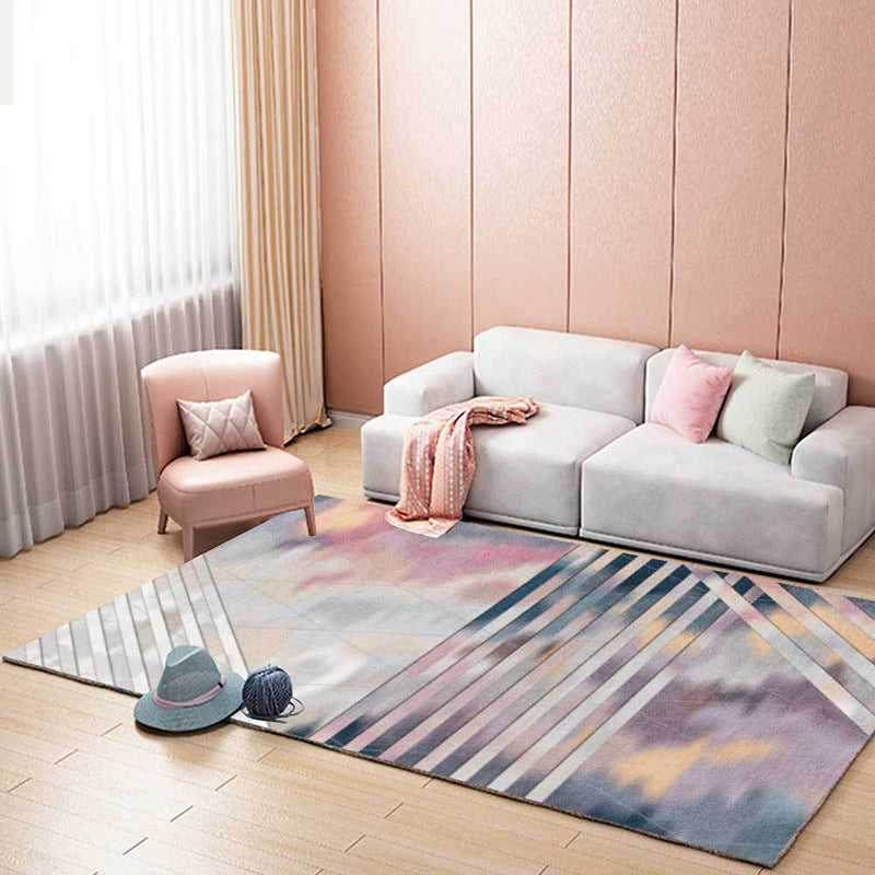 Lisslune | Pink Bedroom Rug Novelty Geometric Stripe Pattern Area Rug Polyester Pet Friendly Non-Slip Rug