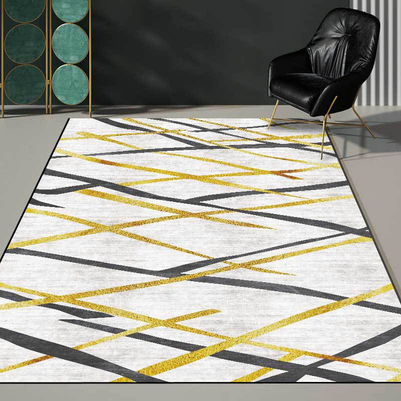 Lisslune | Novelty Living Room Carpet in White Geometric Lines Pattern Carpet Polyester Pet-Friendly Stain Resistant Washable Carpet