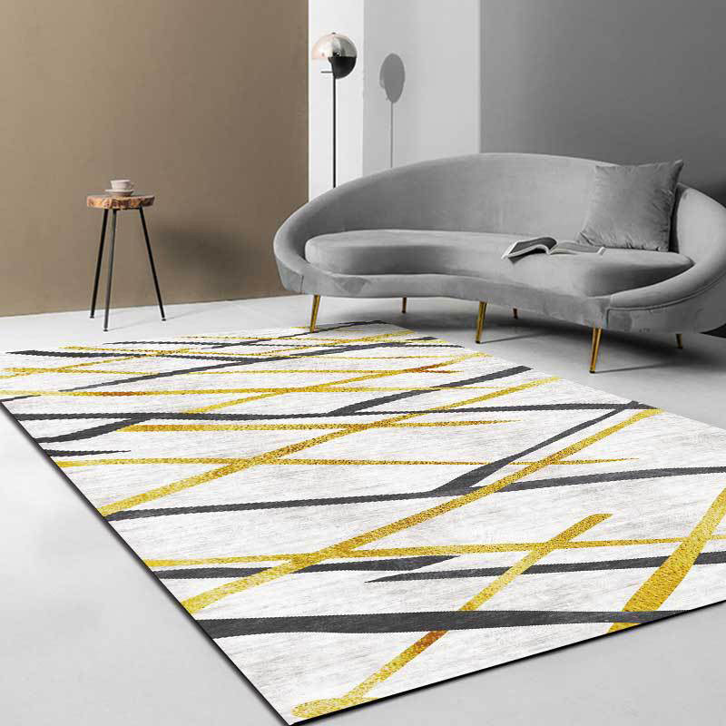 Lisslune | Novelty Living Room Carpet in White Geometric Lines Pattern Carpet Polyester Pet-Friendly Stain Resistant Washable Carpet