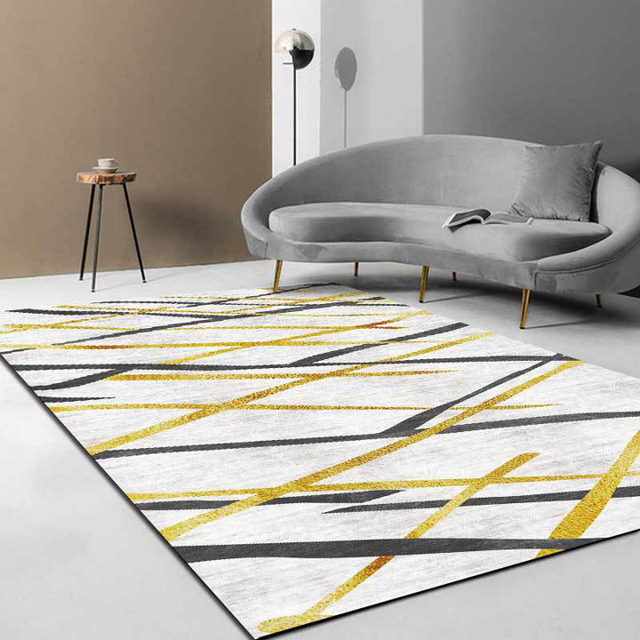 Lisslune | Novelty Living Room Carpet in White Geometric Lines Pattern Carpet Polyester Pet-Friendly Stain Resistant Washable Carpet