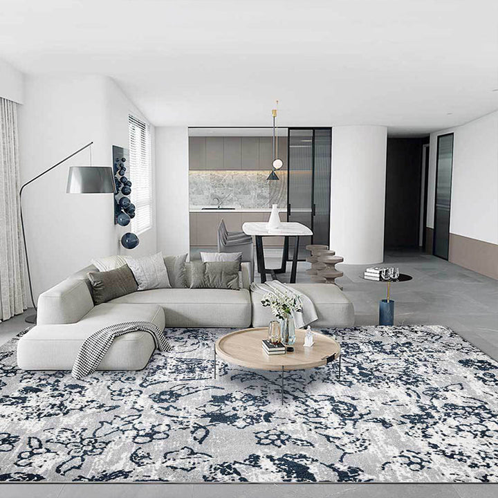 Lisslune | Gray Shabby Chic Rug Polyester Floral Pattern Rug Machine Washable Non-Slip Backing Rug for the Living Room