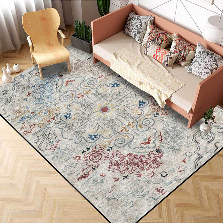 Lisslune | Gray Shabby Chic Rug Polyester Medallion Pattern Rug Machine Washable Non-Slip Back Rug for Living Room
