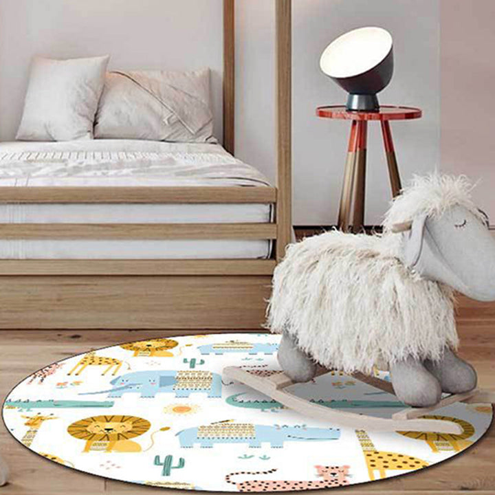 Lisslune | Kids Bedroom Rug in White Animal Lion Elephant Crocodile Print Rug Polyester Machine Washable Area Rug