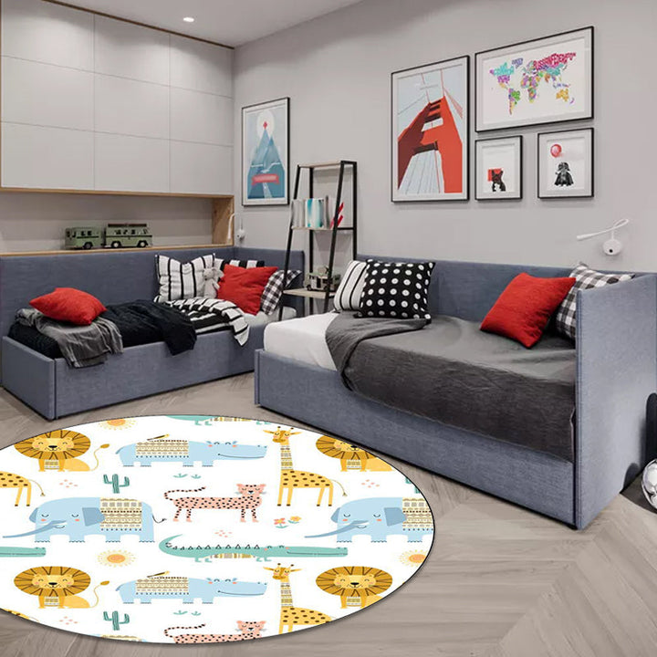 Lisslune | Kids Bedroom Rug in White Animal Lion Elephant Crocodile Print Rug Polyester Machine Washable Area Rug