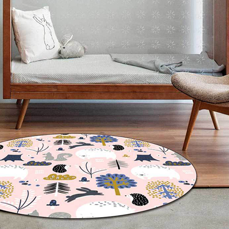 Lisslune | Children's room rug in Pink Animal Rabbit Hedgehog Bear Print Rug Polyester Non-slip Washable Rug Area