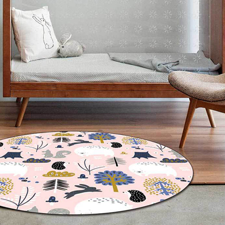 Lisslune | Children's room rug in Pink Animal Rabbit Hedgehog Bear Print Rug Polyester Non-slip Washable Rug Area