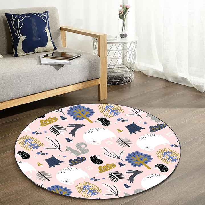Lisslune | Children's room rug in Pink Animal Rabbit Hedgehog Bear Print Rug Polyester Non-slip Washable Rug Area
