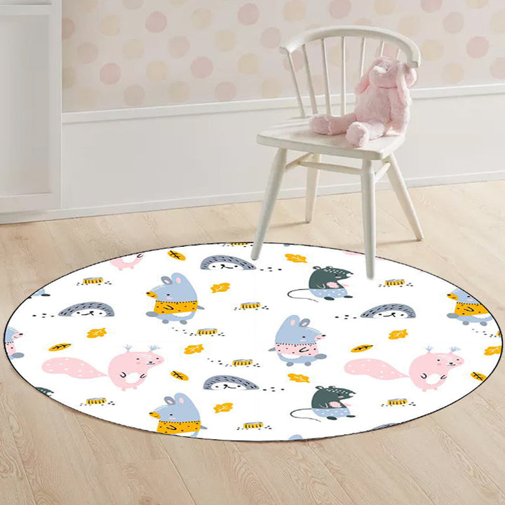 Lisslune | Children's bedroom rug in white animal rabbit hedgehog leaf print rug polyester machine washable pet-friendly area rug