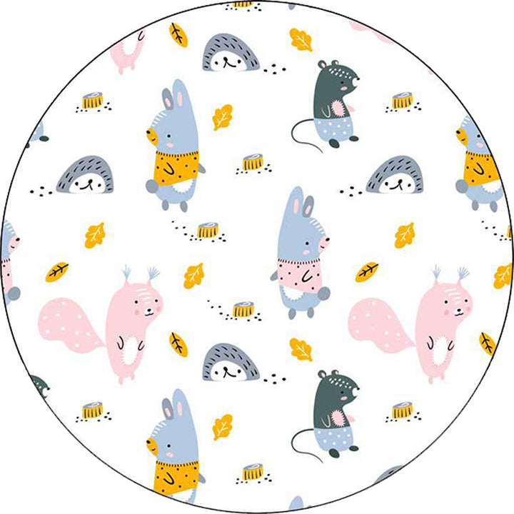 Lisslune | Children's bedroom rug in white animal rabbit hedgehog leaf print rug polyester machine washable pet-friendly area rug