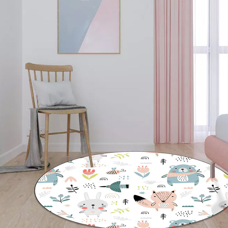Lisslune | White Children's Bedroom Carpet Children Animal Rabbit Fox Bear Flower Pattern Area Rug Polyester Non-Slip Mat